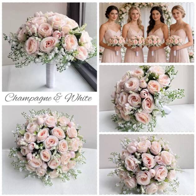 Wedding Flower Package Valley Champagne & White Bride Bouquet & 4x Bridesmaids Bouquets & 6x Buttonholes