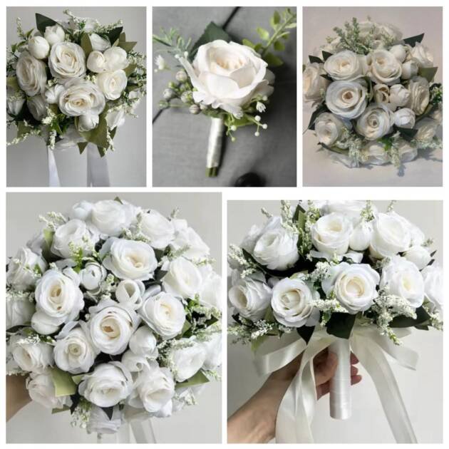 Wedding Flower Package White Bride Bouquet 3x Bridesmaids Bouquets 6x White Buttonholes