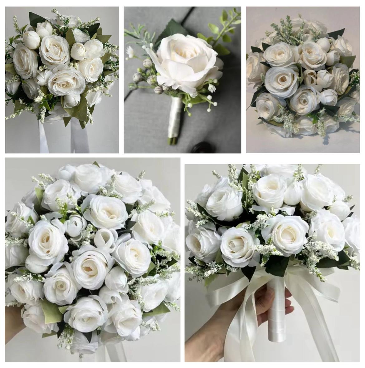 Wedding Flower Package White Bride Bouquet 3x Bridesmaids Bouquets 6x White Buttonholes