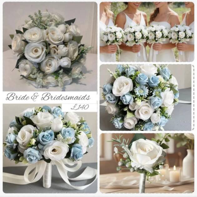 Wedding Flower Package Dusky Blue & White Bride Bouquet & 4 x Bridesmaids & 6 X Buttonholes